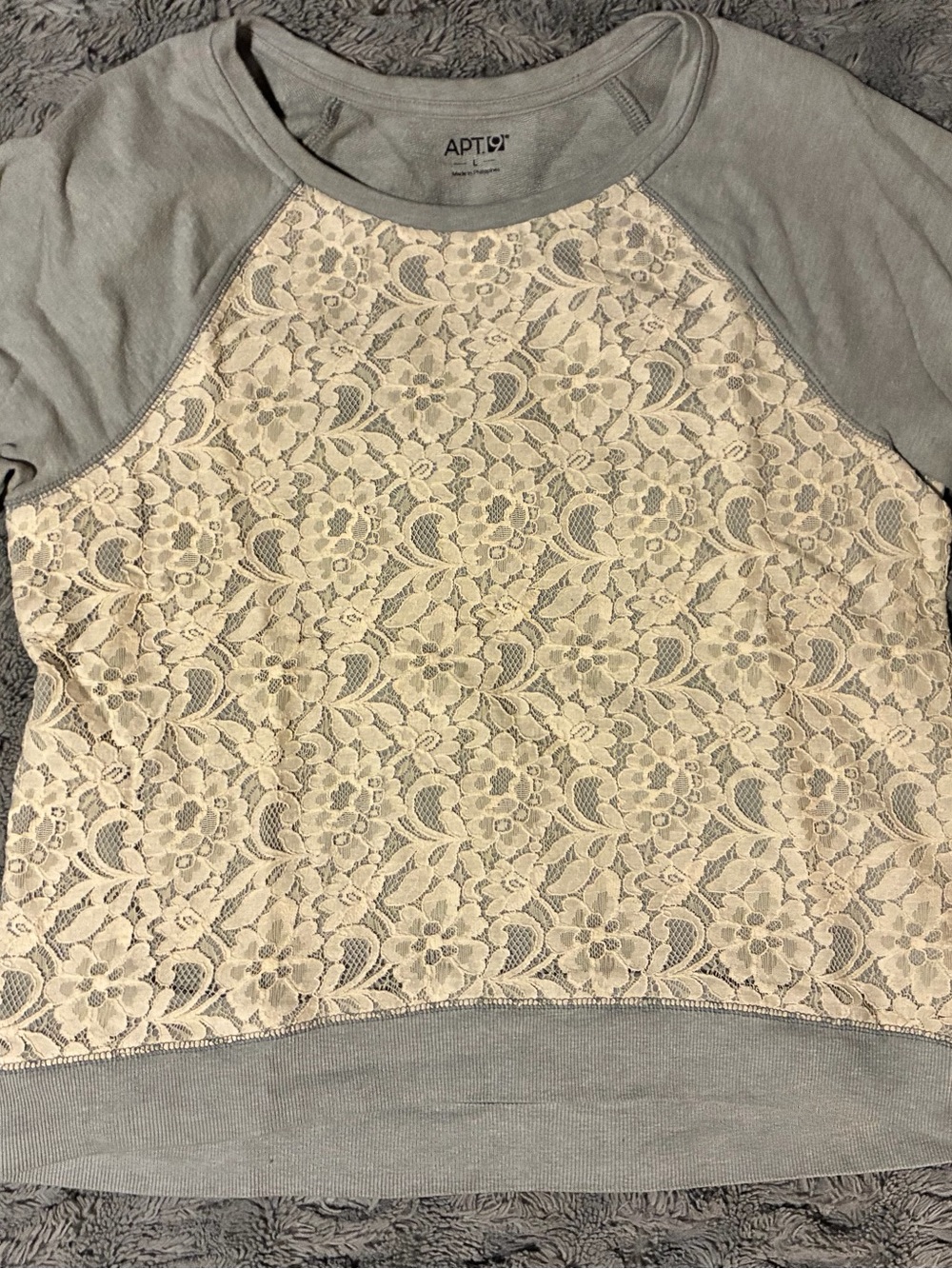 Apt. 9 Light Gray Sweatshirt with Cream Lace Front